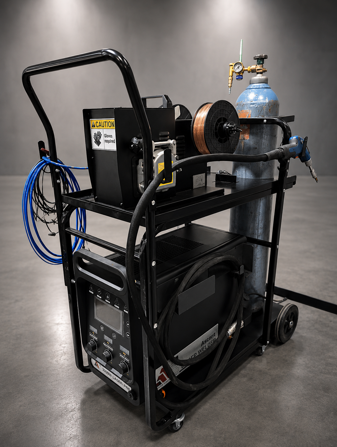 Ascent 2000W refrigeration handheld fiber laser welder — full cart view