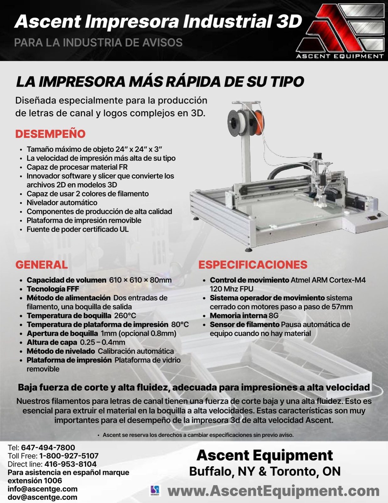 Ascent Industrial 3D Printer spec sheet — Spanish