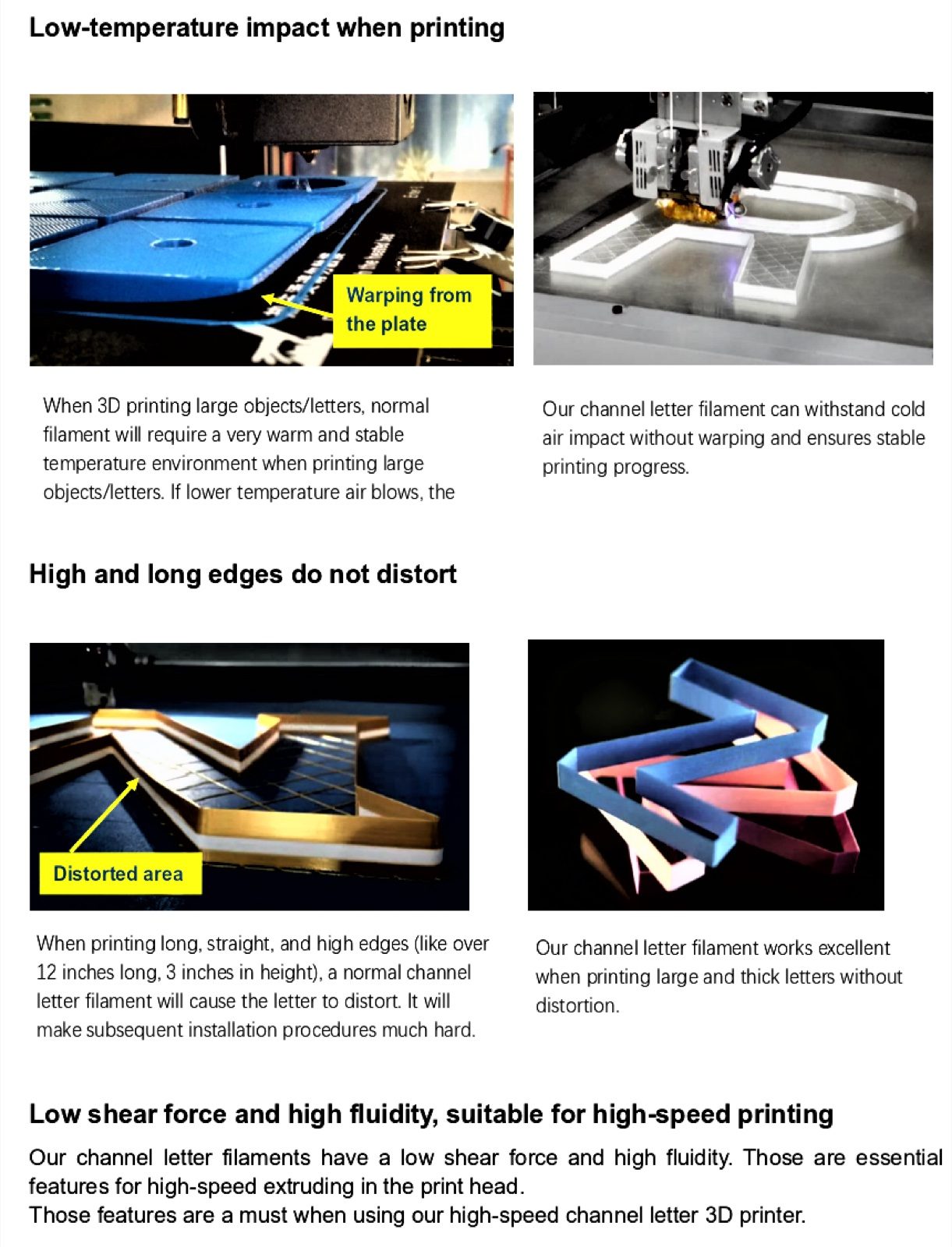 Ascent channel letter filament brochure — page 3: Low temperature impact, High and long edges, Low shear force