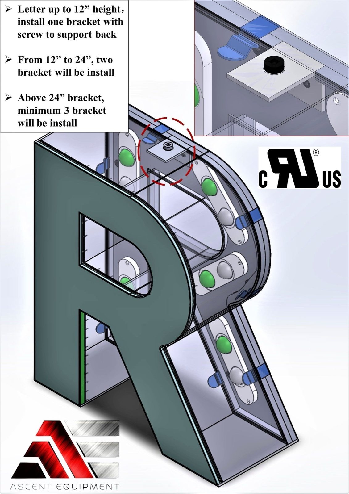 L-bracket mounting guide for channel letters — Letter R with installation guidance and UL certification mark