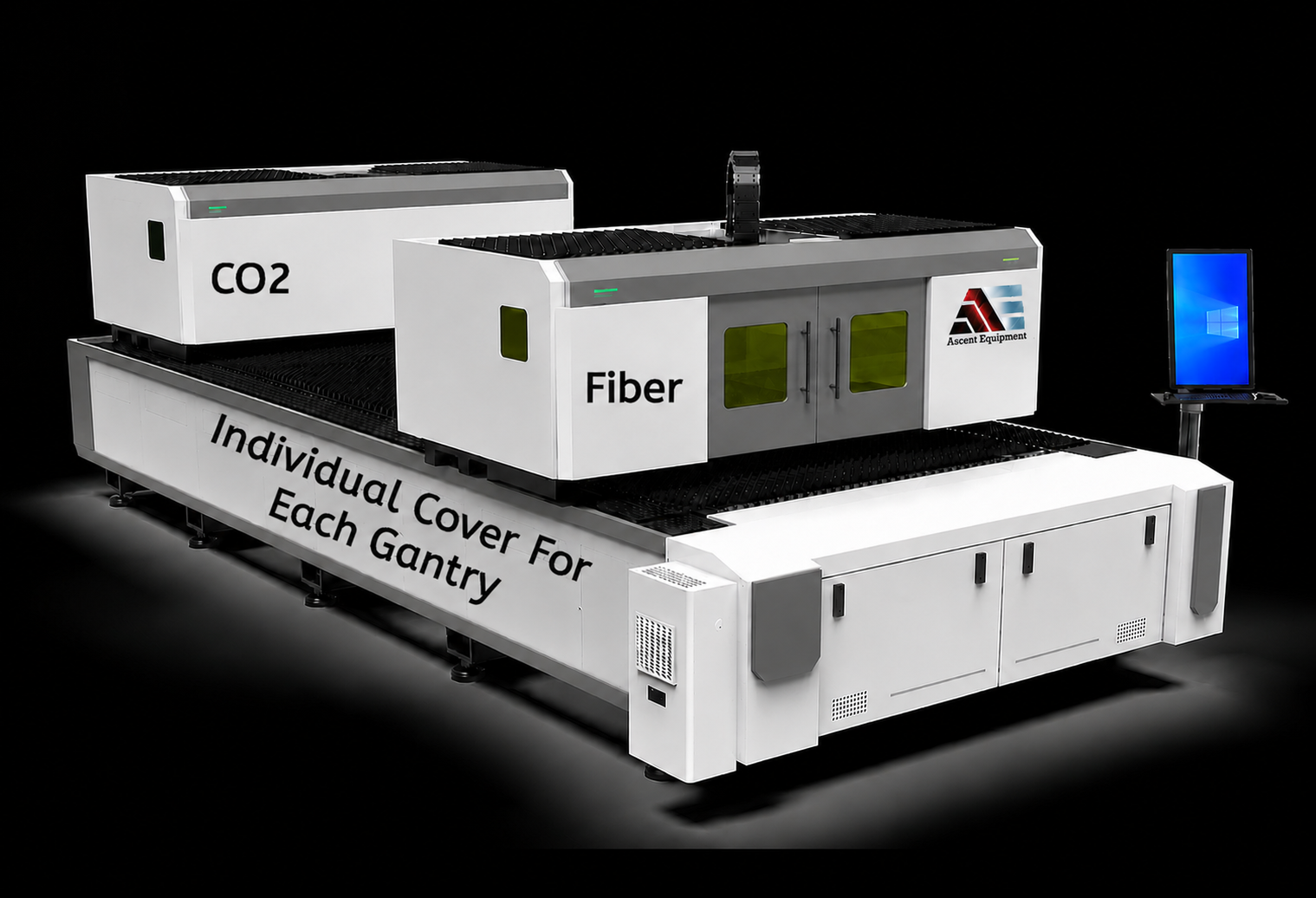 Dual gantry laser cutter with individual cover for each gantry — CO2 and Fiber