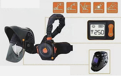 Helmet with powered respiratory filter — face shield, motorized respirator, and digital control display