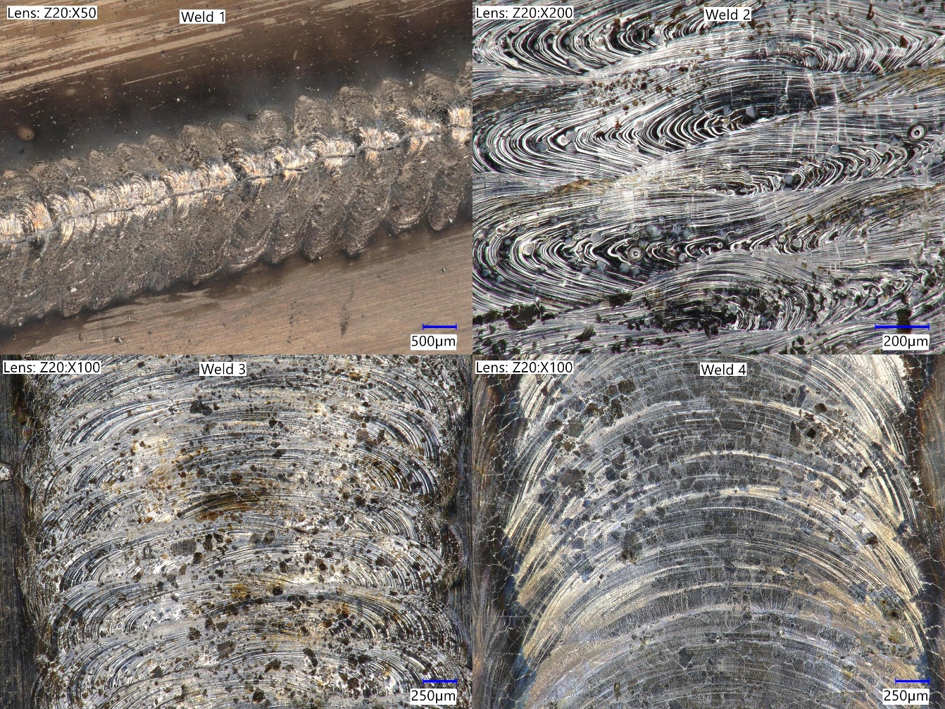 Four close-up microscope views of aluminum laser weld seams at 50×, 200×, and 100× magnification