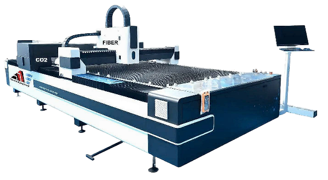 Dual Gantry CO2 and Fiber Laser Cutter — open table design showing CO2 and Fiber gantries