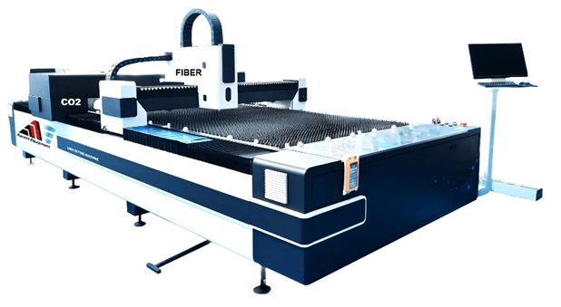 Dual Gantry CO2 and Fiber Laser Cutter — open table design showing CO2 and Fiber gantries